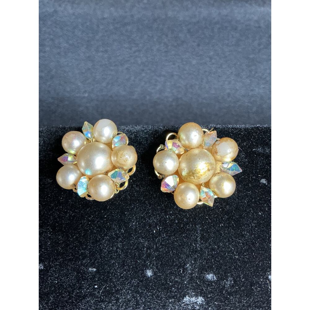 Vintage Marvella Stamped Clip Faux Pearl and Aurora Borealis Cluster Earrings